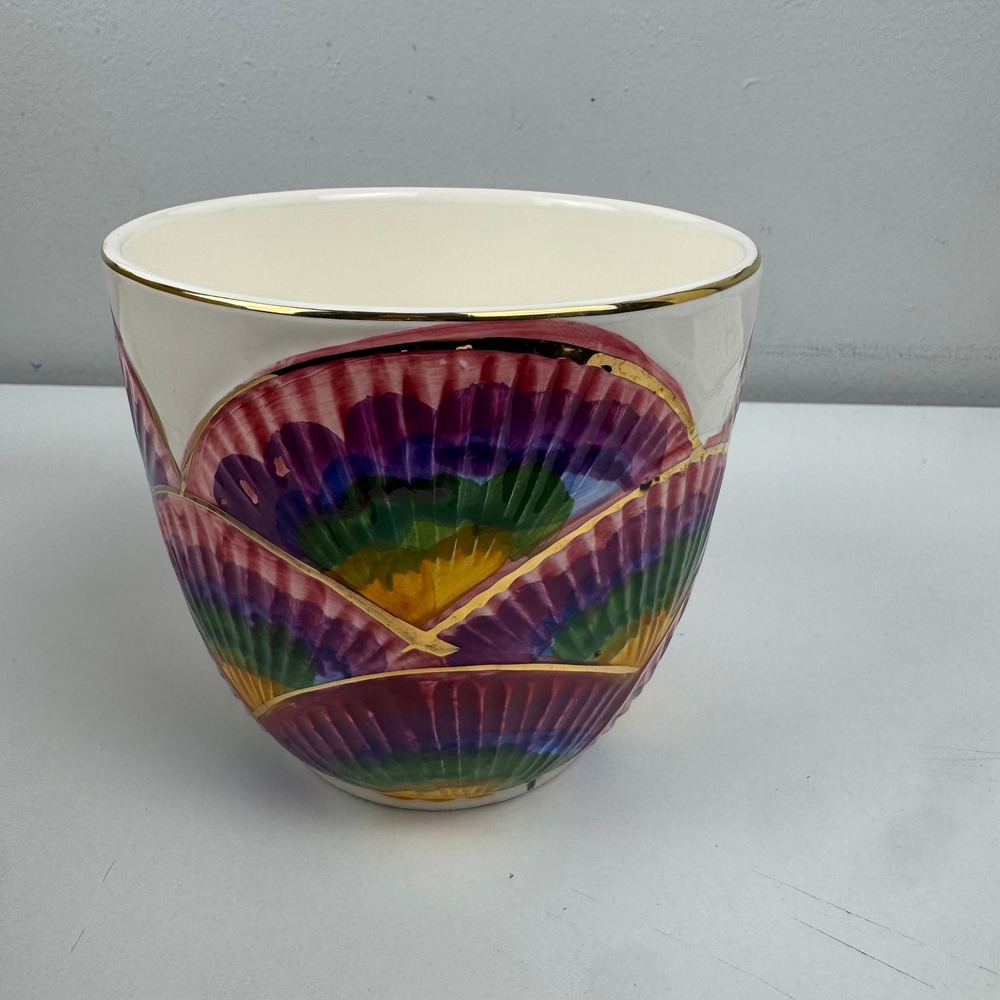 Vintage Ben Rickert Ceramic‎ Planter Shell Fan Motif Gold Trim Art Deco Style - Picture 5 of 8